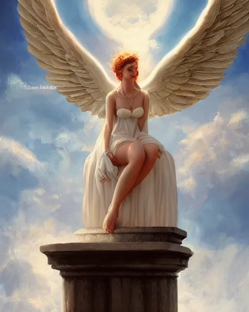 Prompt: retro angelic goddess sitting atop an ivory pillar in the clouds, whimsical painting by wlop and artgerm, artstation