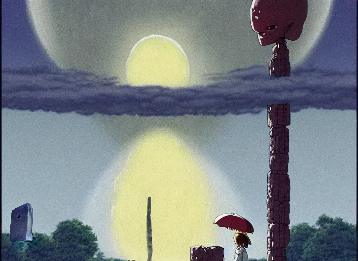 Prompt: a realistic cell - shaded studio ghibli concept art from paprika ( 2 0 0 6 ) of a floating alien from close encounters of the third kind ( 1 9 7 7 ) and a grey witch meditating on top of a pillar in a flooded stonehenge on a misty starry night. very dull colors, hd, 4 k, hq