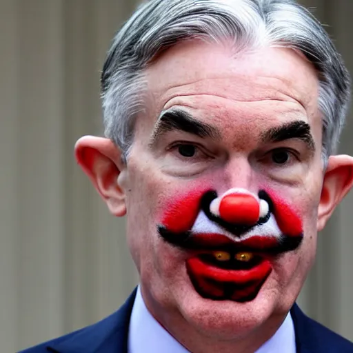 Prompt: Jerome Powell with colorful clown makeup whiteface all over his face