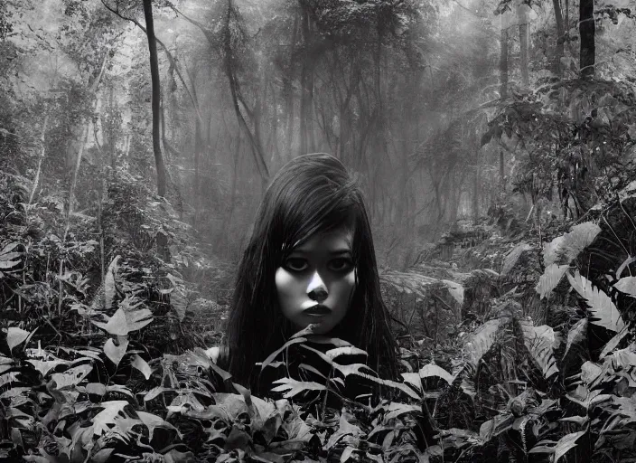 Prompt: a female model with long black hair, emerging from a dense misty jungle wearing camouflage by yohji yamamoto, in the style of daido moriyama, analogue photography, double exposure, hyper realistic, cinematic