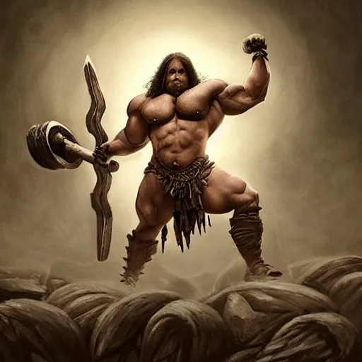 Image similar to a body builder barbarian from diablo, artstation hall of fame gallery, editors choice, #1 digital painting of all time, most beautiful image ever created, emotionally evocative, greatest art ever made, lifetime achievement magnum opus masterpiece, the most amazing breathtaking image with the deepest message ever painted, a thing of beauty beyond imagination or words, 4k, highly detailed, cinematic lighting