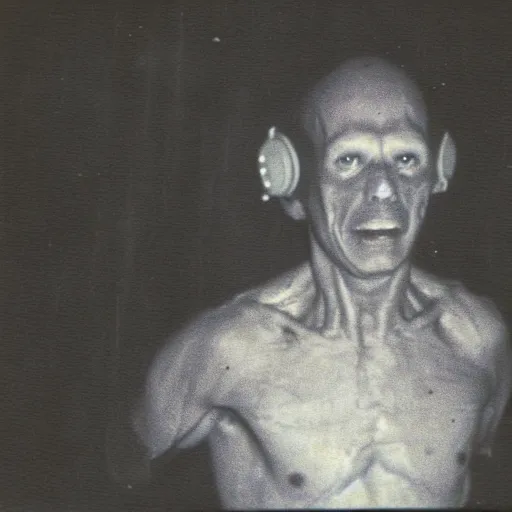 Image similar to 1 9 8 3, found footage, flash, old abandoned house, creepy mutant flesh creature, flesh blob