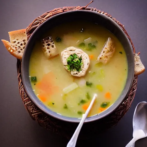 Image similar to a soup with teeth floating, food photography