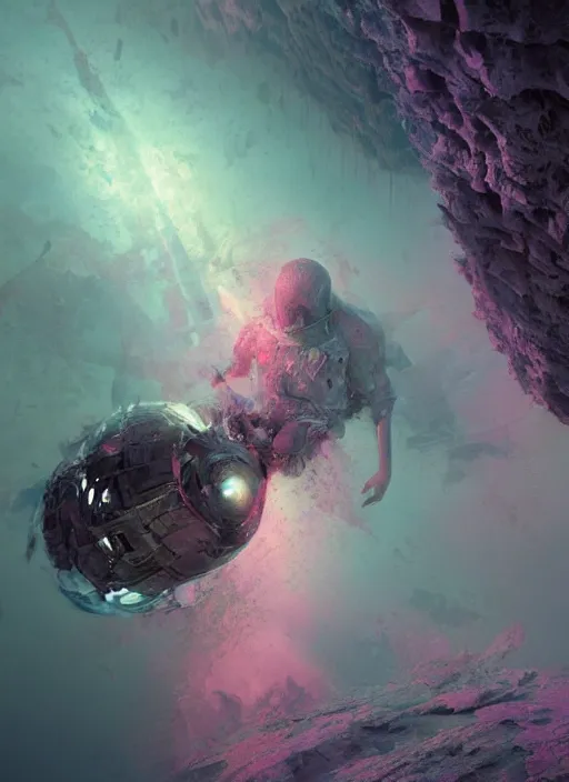 Image similar to pink concept art by craig mullins astronauts in futuristic dark and empty spaceship underwater. complex and hyperdetailed technical suit. mandelbulb fractal. reflection and dispersion materials. rays and dispersion of light. volumetric light. 5 0 mm, f / 3 2. noise film photo. flash photography. octane render. interstellar movie art