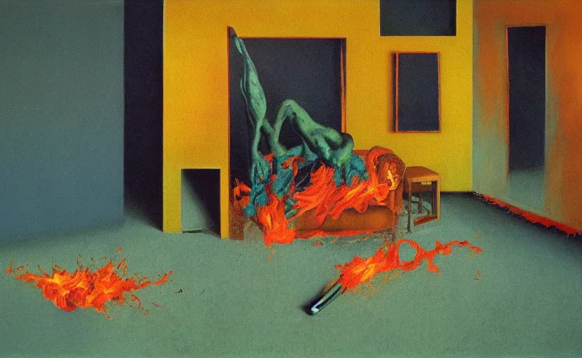 Prompt: an empty room in the style of constructivism, couch is on fire, blurred, grotesque, doomed, neural acrylic paint, high resolution, blue and green gouache on canvas, ultra detailed, vibrant colors, grotesque, wrapped thermal background, art by francis bacon, beksinski painting
