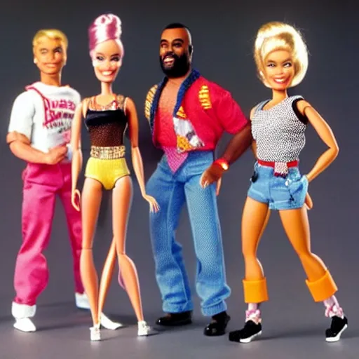 Prompt: barbie mr. t pop band, detailed facial expressions, 1 9 8 0 s aesthetic