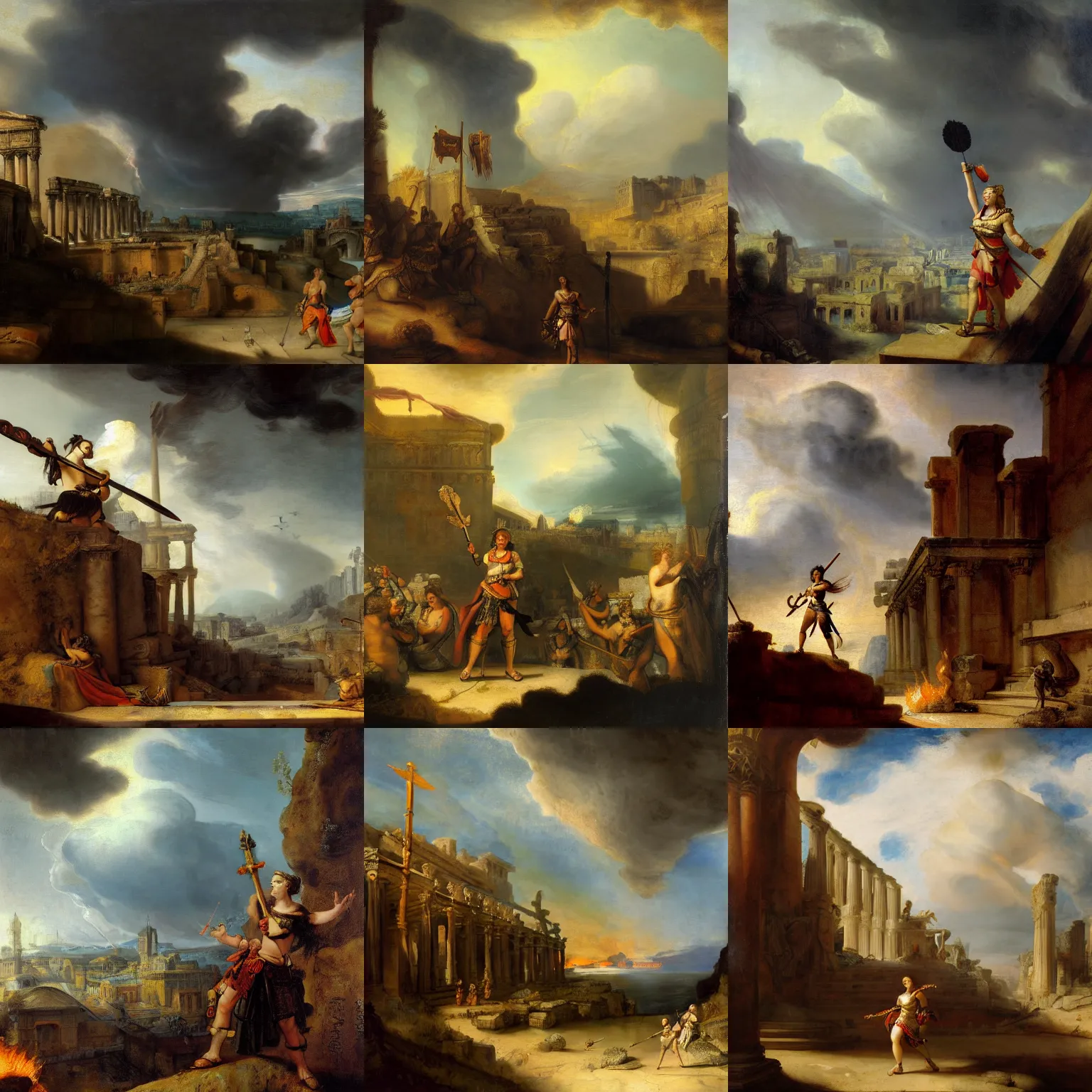 Prompt: Painting of a cinematic still of a female gladiator holding a golden ornate spear in her hand by Rembrandt van Rijn and Hubert Robert, 200mm, Ancient Roman Ruins in the background, dramatic clouds, city in the distance on fire