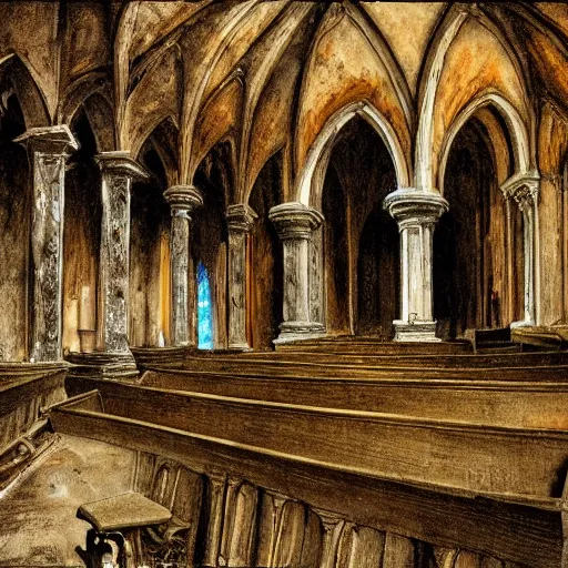 Image similar to abandoned and eroding church with a skeleton in the pews, gothic art, color, detailed