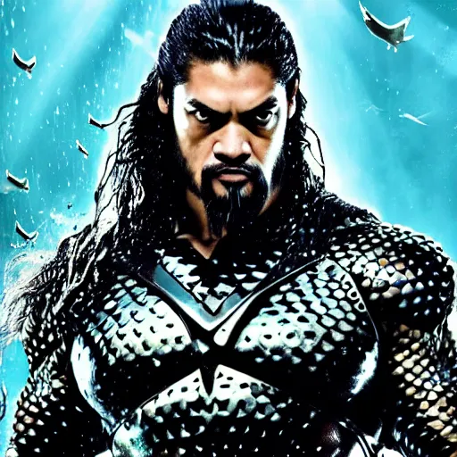 Image similar to roman reigns as aquaman, artstation hall of fame gallery, editors choice, #1 digital painting of all time, most beautiful image ever created, emotionally evocative, greatest art ever made, lifetime achievement magnum opus masterpiece, the most amazing breathtaking image with the deepest message ever painted, a thing of beauty beyond imagination or words, 4k, highly detailed, cinematic lighting