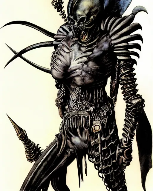 Image similar to portrait of a skinny goth punk giger wearing armor by simon bisley, john blance, frank frazetta, fantasy, thief warrior