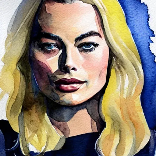 Prompt: a watercolor portrait of margot robbie