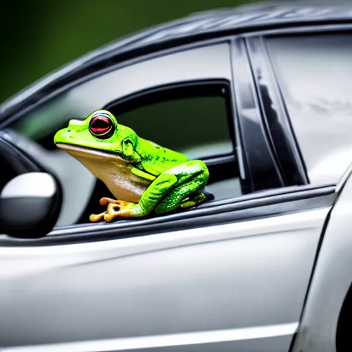 Prompt: a frog driving a car, photography,