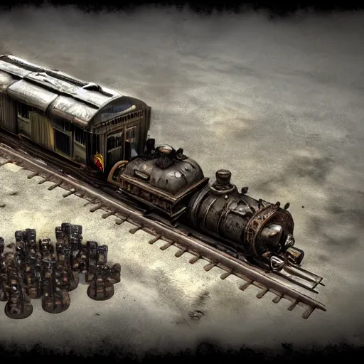 Image similar to a anthromorphic train post-apocalyptic miniatures wargame Photorealistic HD 8k highlights and shadow detailed High Resolution