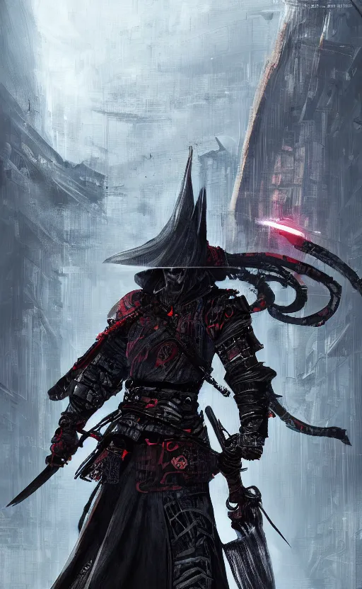 Image similar to a portrait of cyberpunk samurai with double sword, bloodborne concept art, detailed, gorgeous lighting