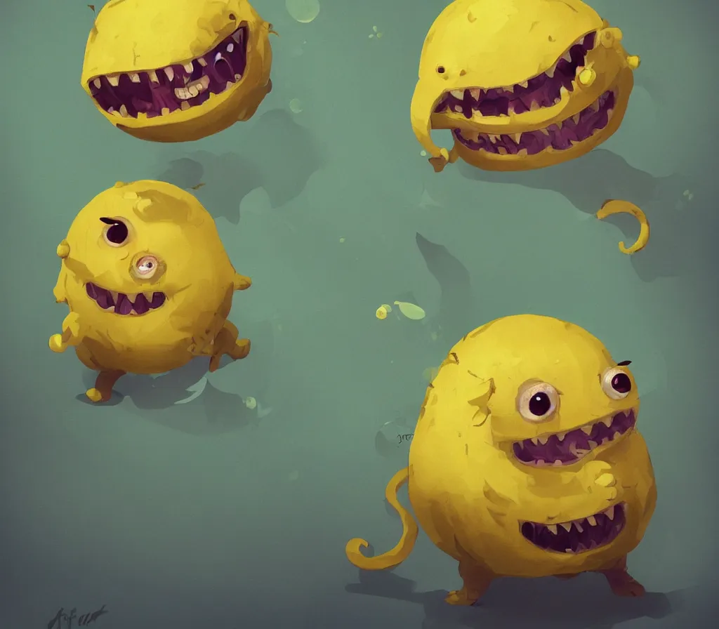 Image similar to a cute lemon monster with sharp teeth, heavenly, pastel, cute, trending on artstation, digital art.