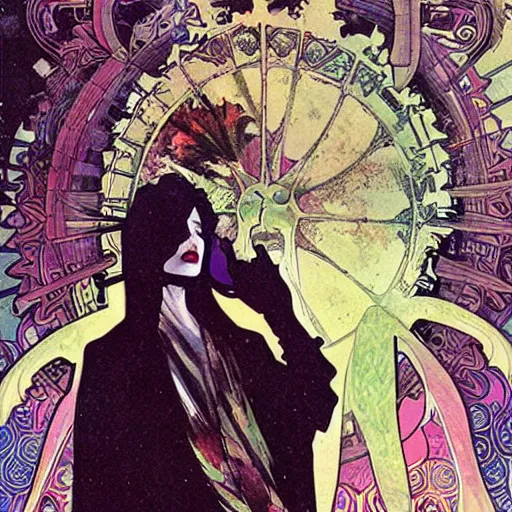Image similar to cyberpunk dreaming by dave mckean and alphonse mucha and bill sienkiewicz