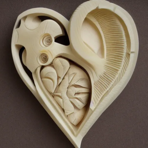 Image similar to bio mechanical heart carved out of ivory, canon 5 d 5 0 mm lens