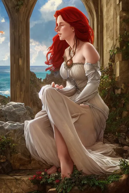 Image similar to a hyperdetailed matte painting of triss merigold as a princess asleep on a bed in a tower, window overlooking cliffs and crashing waves in the background, highly detailed, deep focus, elegant, digital painting, smooth, sharp focus, ultra realistic, 8 k, art by artgerm and alphonse mucha