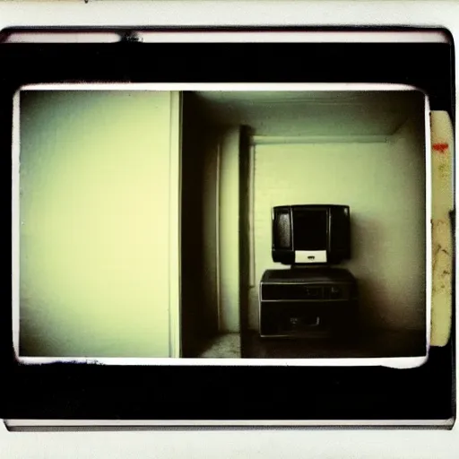 Image similar to small dark concrete room with a tv on the ground, the tv has a pair of eyes on a dark background, creepy, eerie, old polaroid, expired film,