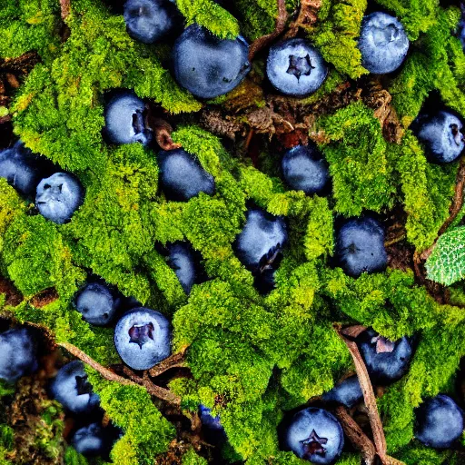 Prompt: closeup of a blueberry bush in a mossy nordic forest. Digital art. 4K. Artistic. Trending on artstation.