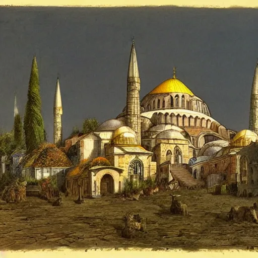 Prompt: Hagia Sofia pyramid fortress in a rustic seaside village, Tim Burton, Alan Lee