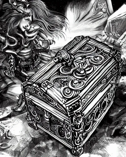 Image similar to a treasure chest closed, black and white, fantasy art, object art, in the style of masami kurumada, illustration, epic, fantasy, intricate, hyper detailed, artstation, concept art, smooth, sharp focus, ray tracing