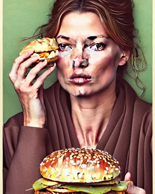 Image similar to Beautiful and playful portrait of kate moss eating a big mac, art nouveau, fantasy, intricate flower designs, elegant, highly detailed, sharp focus, art by Hasui Kawase, Artgerm and Greg Rutkowski and WLOP