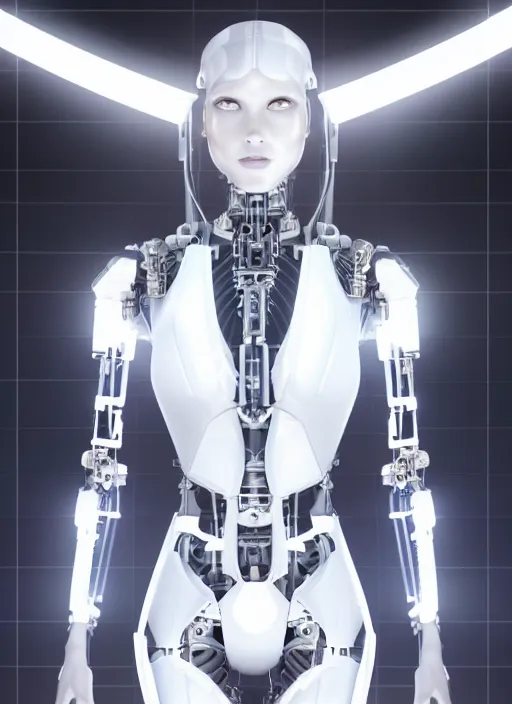 Image similar to photorealistic detailed full body picture of a female cyborg, pretty face, neon lights, white suit, humanoid, extreme, uhdr, book called the most influental cyborg in 2 0 5 0, fine details, highly detailed, intricate, smooth sharp focus