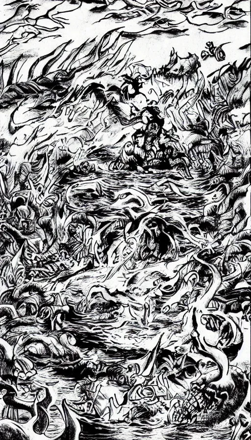 Image similar to man on boat crossing a body of water in hell with creatures in the water, sea of souls, by yoshihiro togashi