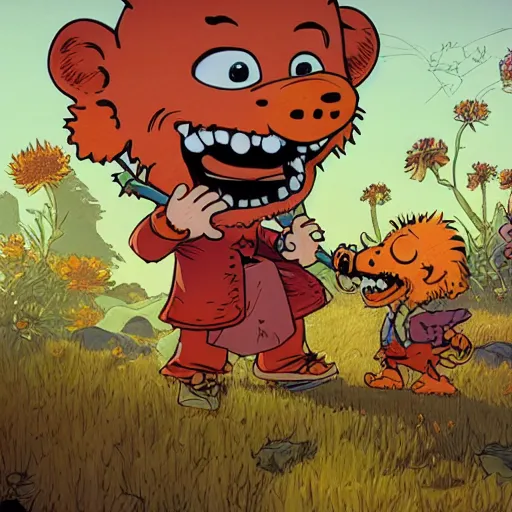 Prompt: portrait of watterson's hobbes, smiling with flowers in hands. sharp focus, cinematic pose, cinematic lighting, unreal engine render. art by josan gonzales and moebius and deathburger.