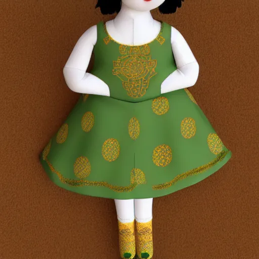 Image similar to cute fumo plush of a girl in a green and gold celtic pattern dress, traditional, vray