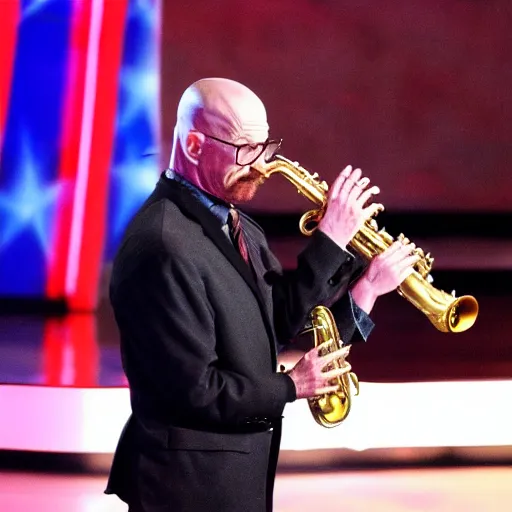 Image similar to walter white playing the saxophone on america's got talent