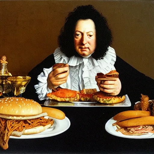 Prompt: painting portrait of louis xiv eating hamburger by lucian freud and bob bottin and reubens