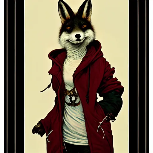 Image similar to anthropomorphic red white and black fox with exquisite tall ears and wearing a nose ring and a hoodie. Renowned character illustration by greg rutkowski, thomas kindkade, alphonse mucha, loish, norman rockwell.