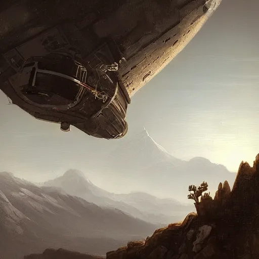 Image similar to derelict spacecraft sticking out from a mountain, painted by Raphael Lacoste