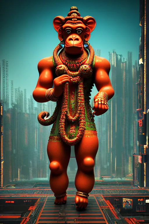 Image similar to high quality 3 d render post - rococo cyberpunk hanuman! head building, neon madhubani, highly detailed, in sci - fi mumbai, cinematic smooth unreal engine, lee madgwick & liam wong, dramatic light, low angle, uhd 8 k, sharp focus