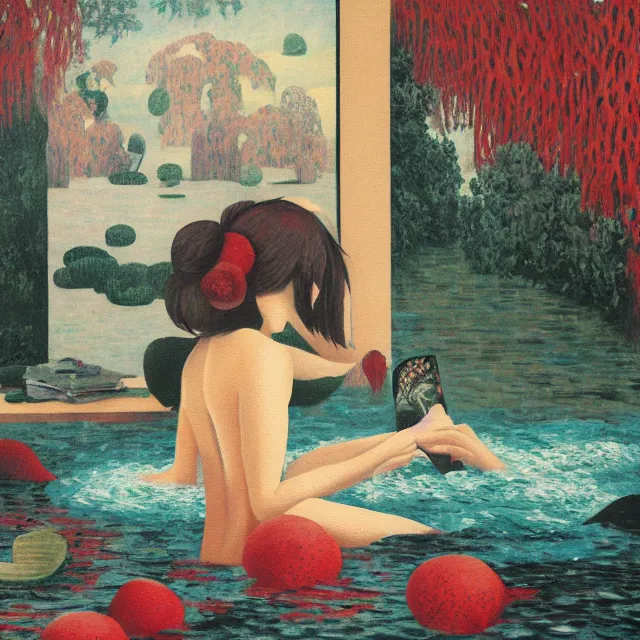 Image similar to female emo art student in her bath, painting of flood waters inside an artist's feminine bedroom, a river flooding indoors, pomegranates, pigs, ikebana, water, octopus, river, rapids, waterfall, black swans, canoe, berries, acrylic on canvas, surrealist, by magritte and monet