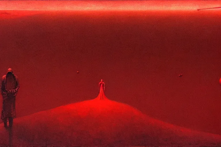 Image similar to only with red, red god of death eat apple, a futuristic city on mars in the background, red worms on the floor, in the style of beksinski, part by hopper, part by rodcenko, part by hofbauer, intricate composition, red by caravaggio, insanely quality, highly detailed, masterpiece, red light, artstation, 8 k