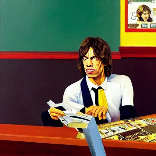 Prompt: a portrait painting of mick jagger working in a record store in 1 9 6 9, artistic, in the style of edward hopper