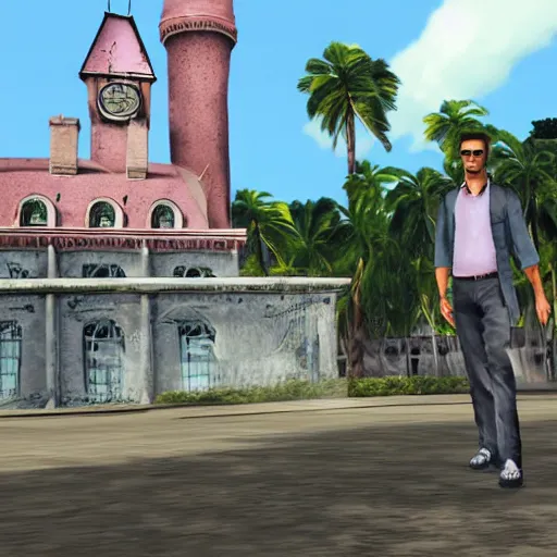 Prompt: tommy vercetti in hogwarts, in style of gta vice city