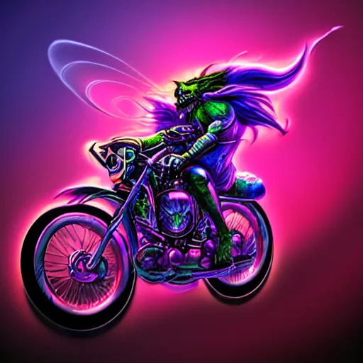 Prompt: psychedelic blacklight airbrush artwork, hyper stylized action shot of an orc riding a motorcycle, clear focused details, soft airbrushed edges and gradients, black background, cgsociety, artstation