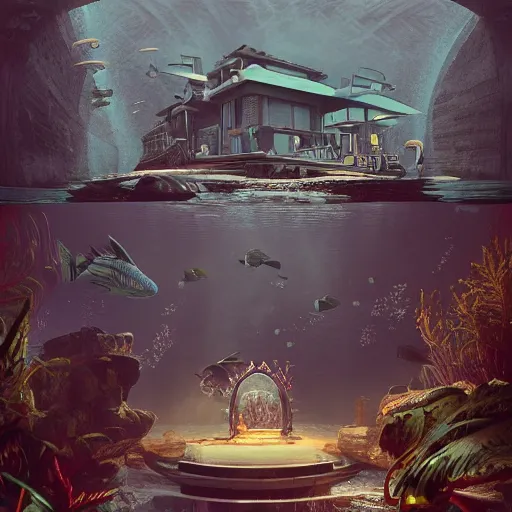 Prompt: underwater spy mansion, grand obsessive compendium. intricate artwork, by tooth wu, wlop, beeple, dan mumford. concept art, octane render, trending on artstation, greg rutkowski very coherent symmetrical artwork. cinematic, key art, hyper realism, high detail, octane render, 8 k, iridescent accents