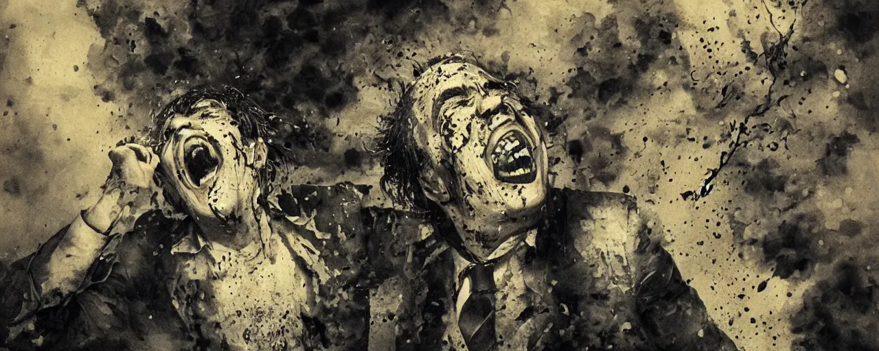 Image similar to portrait of a mad man screaming and laughing with ink bursting from the eyes, by max prentis,