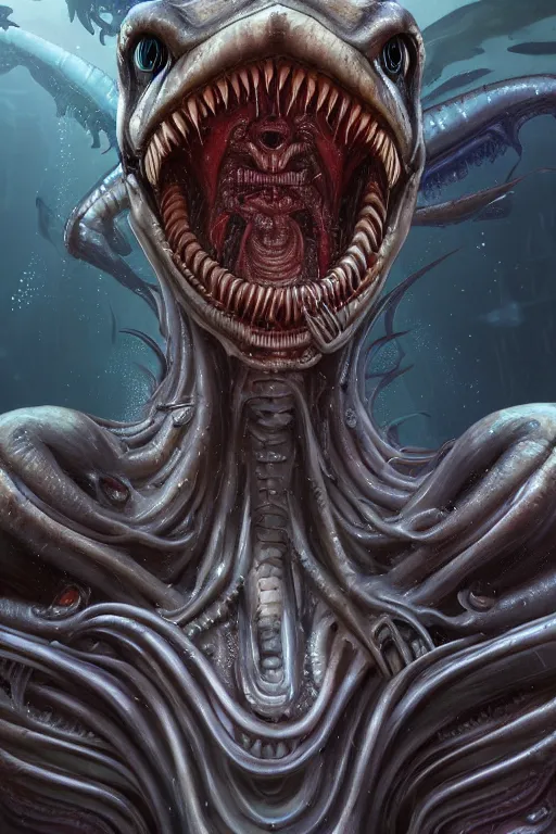 Image similar to underwater xenomorph alien mixed with sharks extra teeth, tentacles, labyrinth, highly detailed, digital painting, artstation, concept art, smooth, sharp focus, illustration, unreal engine 5, 8 k, art by artgerm and greg rutkowski and alphonse mucha and ifbb pro fitness photograph, giger