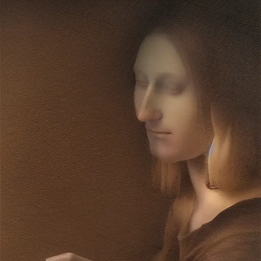 Image similar to realistic photography of leonardo da vinci using an ipad, volumetric lights, trending on artstation, studio photo, intricate details, highly detailed