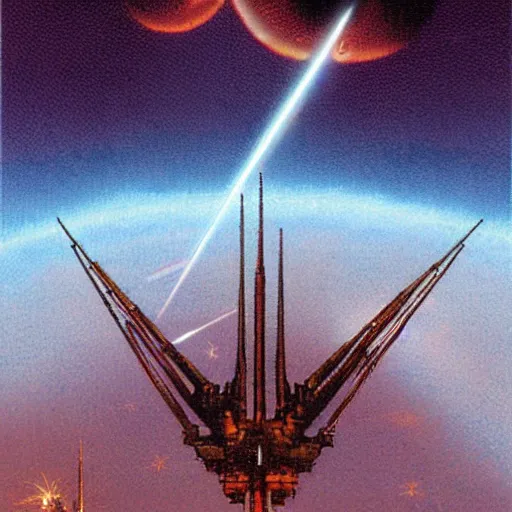 Image similar to spires made of laser energy shooting down from the heavens bursting the ground by les edwards