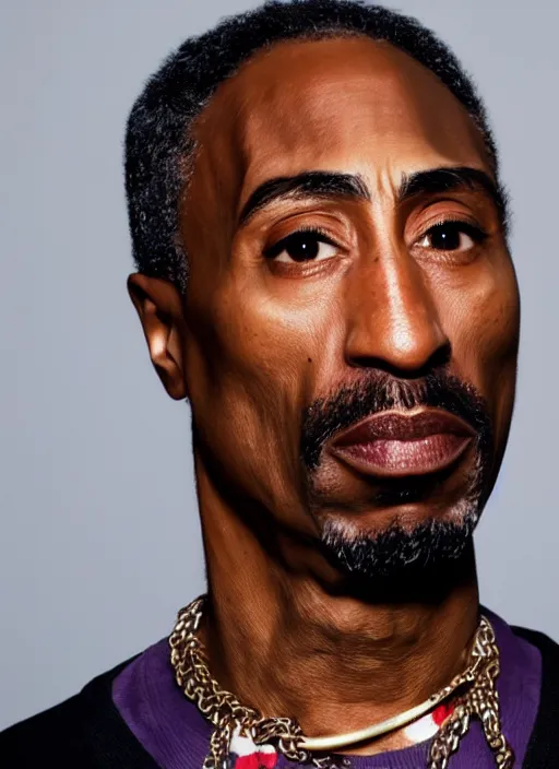 Image similar to dslr photo portrait still of 5 0 year old age 5 0 tupac at age 5 0, 8 5 mm f 1. 8, times magazine