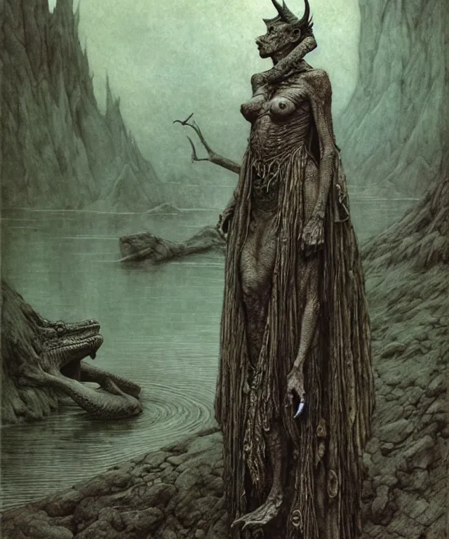 Prompt: A detailed horned crocodilewoman stands near the river. Wearing a ripped mantle, robe. Perfect faces, extremely high details, realistic, fantasy art, solo, masterpiece, art by Zdzisław Beksiński, Arthur Rackham, Dariusz Zawadzki