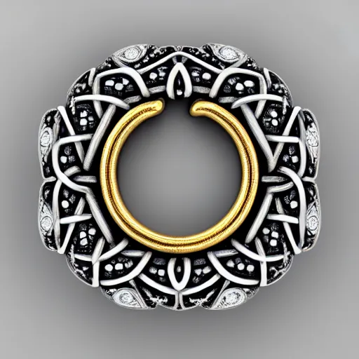 Image similar to intricate!! nordic ring and necklace and ear, silver and gold and diamond, isolated on a white background and a flower in the background, refraction, occlusion, filigree, lower and upper levels, keyshot render, octane render, vray render