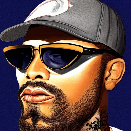 Prompt: man from compton wearing sun glasses and baseball cap, diamond chain, dramatic lighting, close up, face tattoo, bearded, by huang guangjian and gil elvgren and sachin teng